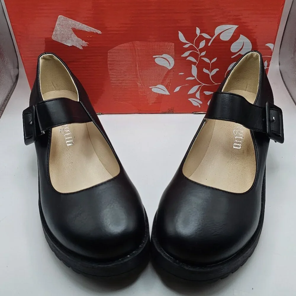 NIB Women's Sungtin Buckle Platform Uniform Dress‎ Shoes Black Size 7